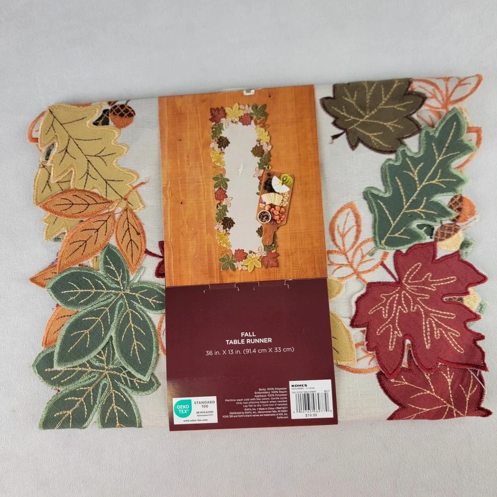 Celebrate Together Fall Hatvest Table Runner Embroidered Leaf & Acorn 36 in NEW